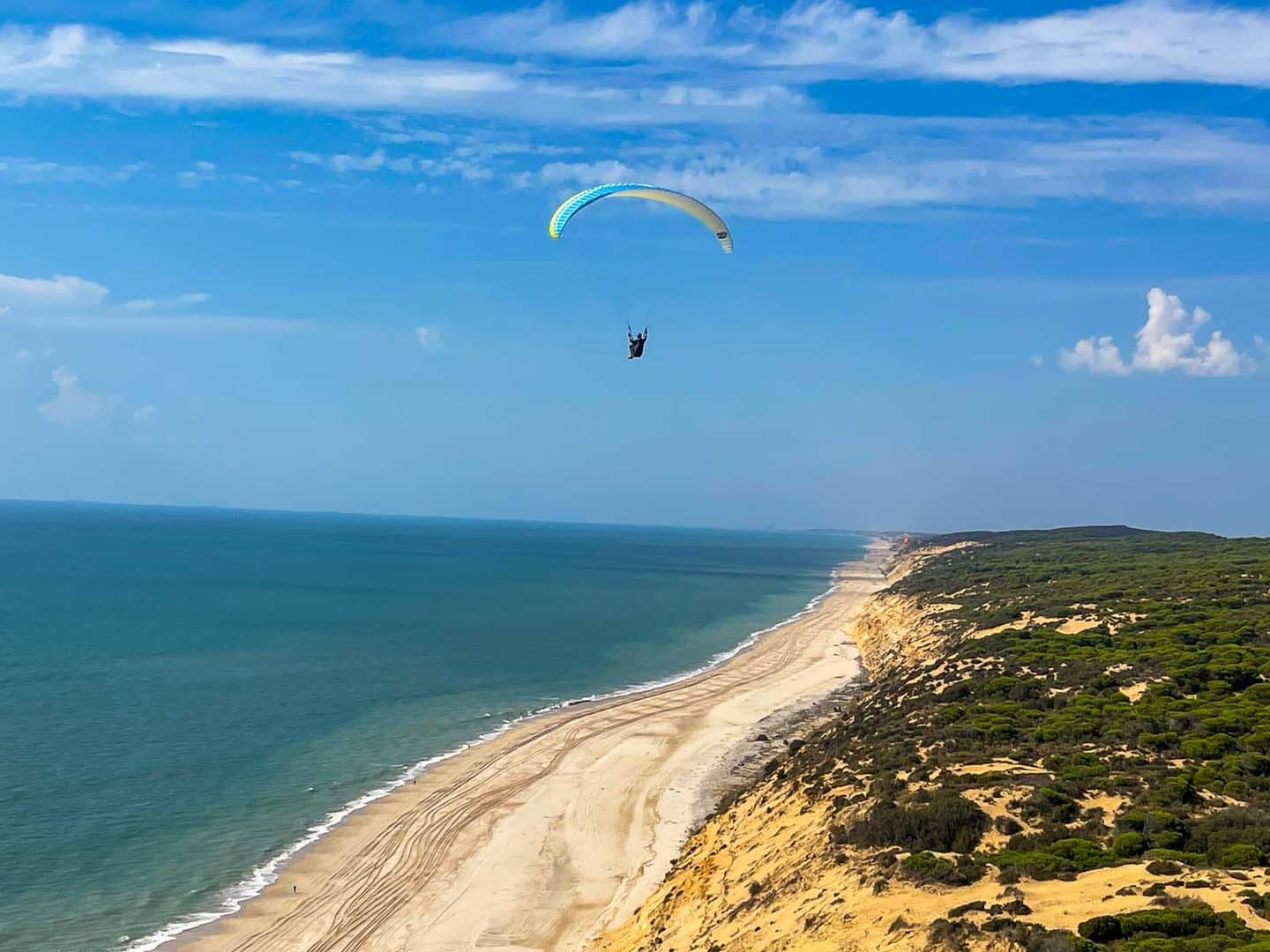 Gleitschirmflieger über der Steilküste von Matalascañas mit Pinienwald, Sandstrand und Atlantik